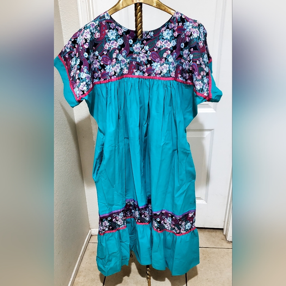 Vintage Hawaiian Floral  Muumuu Aloha Maxi Dress With Pockets Size L
